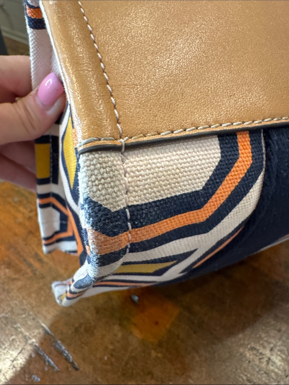 Tory Burch Navy, Coral & Mustard Geometric Canvas Tote with Tan Leather Strap - Picture 8 of 12
